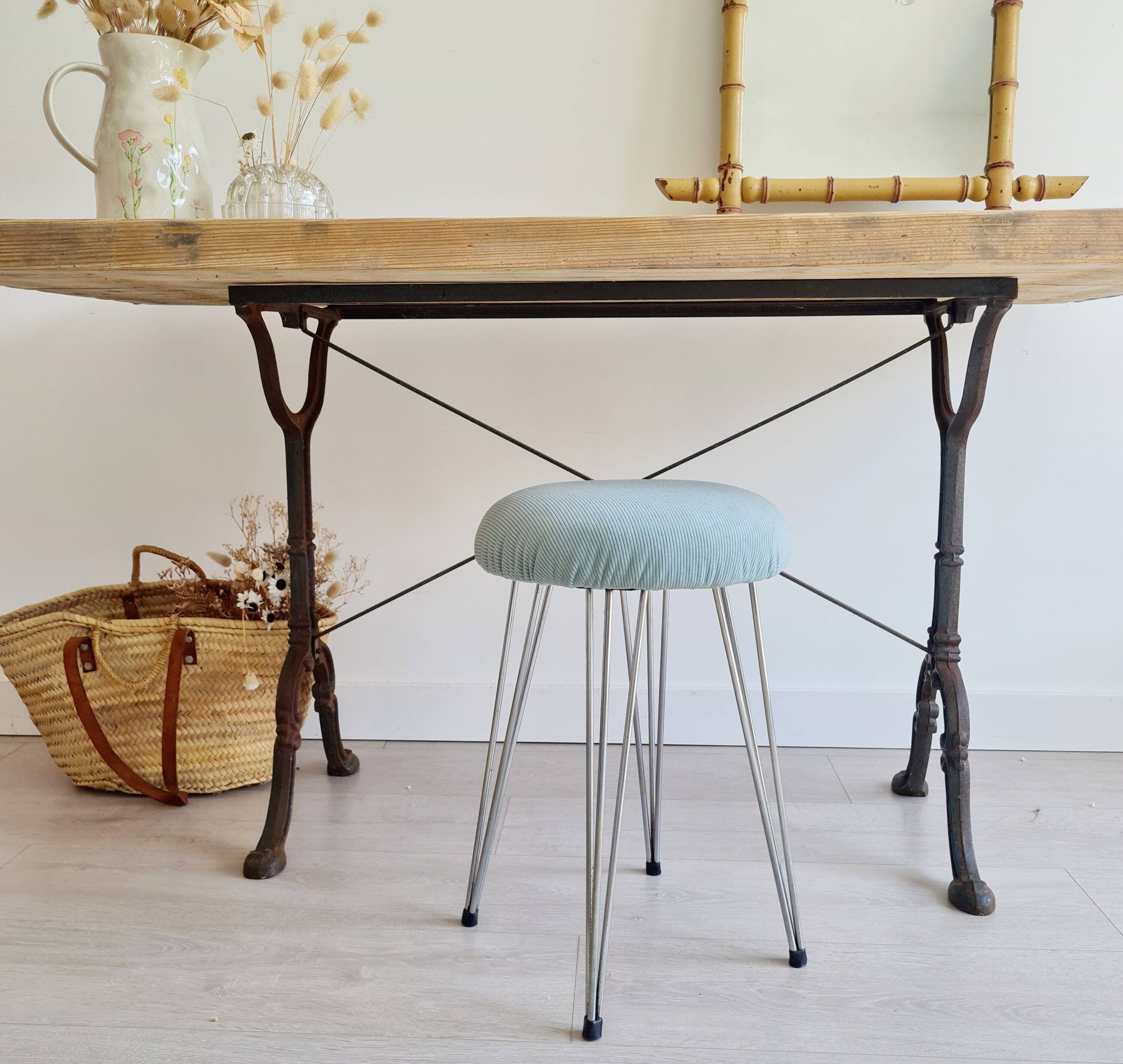 Antique metal and blue velvet stool, 1960s