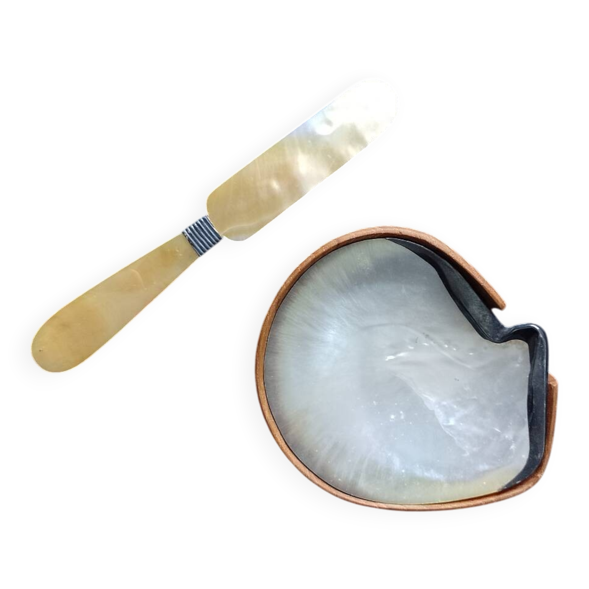 Caviar Dish Genuine Mother of Pearl Shell Knife & Teak Wood