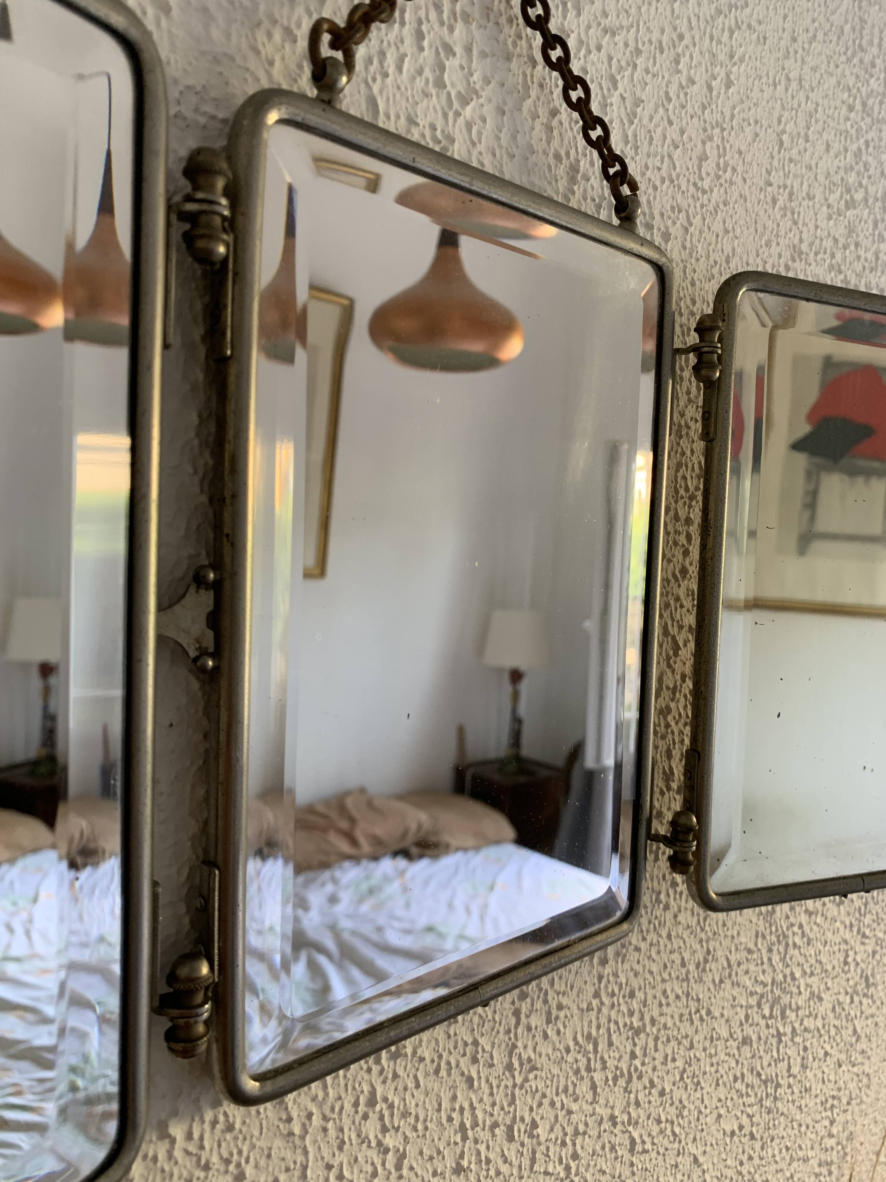 Miroir vintage 1910 triptyque barbier fleur de lys doré - 22 x 50 cm