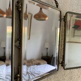 Miroir vintage 1910 triptyque barbier fleur de lys doré - 22 x 50 cm