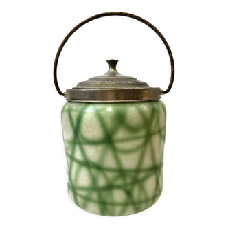 Old art deco green opaque glass cookie jar