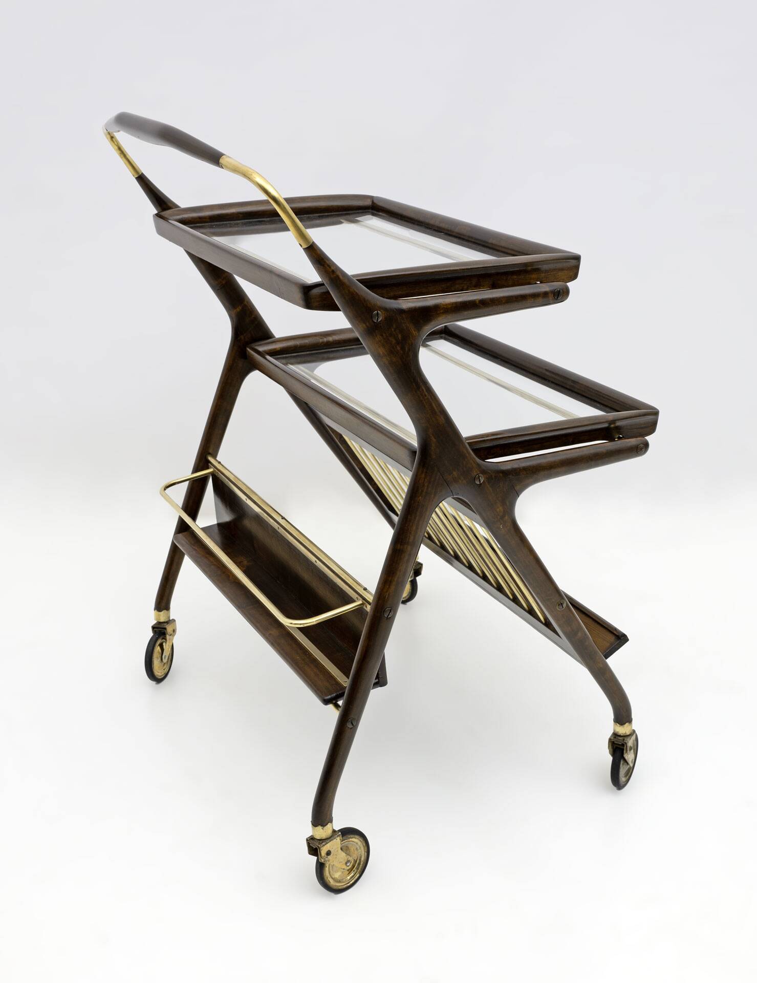 Cesare Lacca Mid-Century Modern Italian Walnut Brass Bar Cart by Cassina