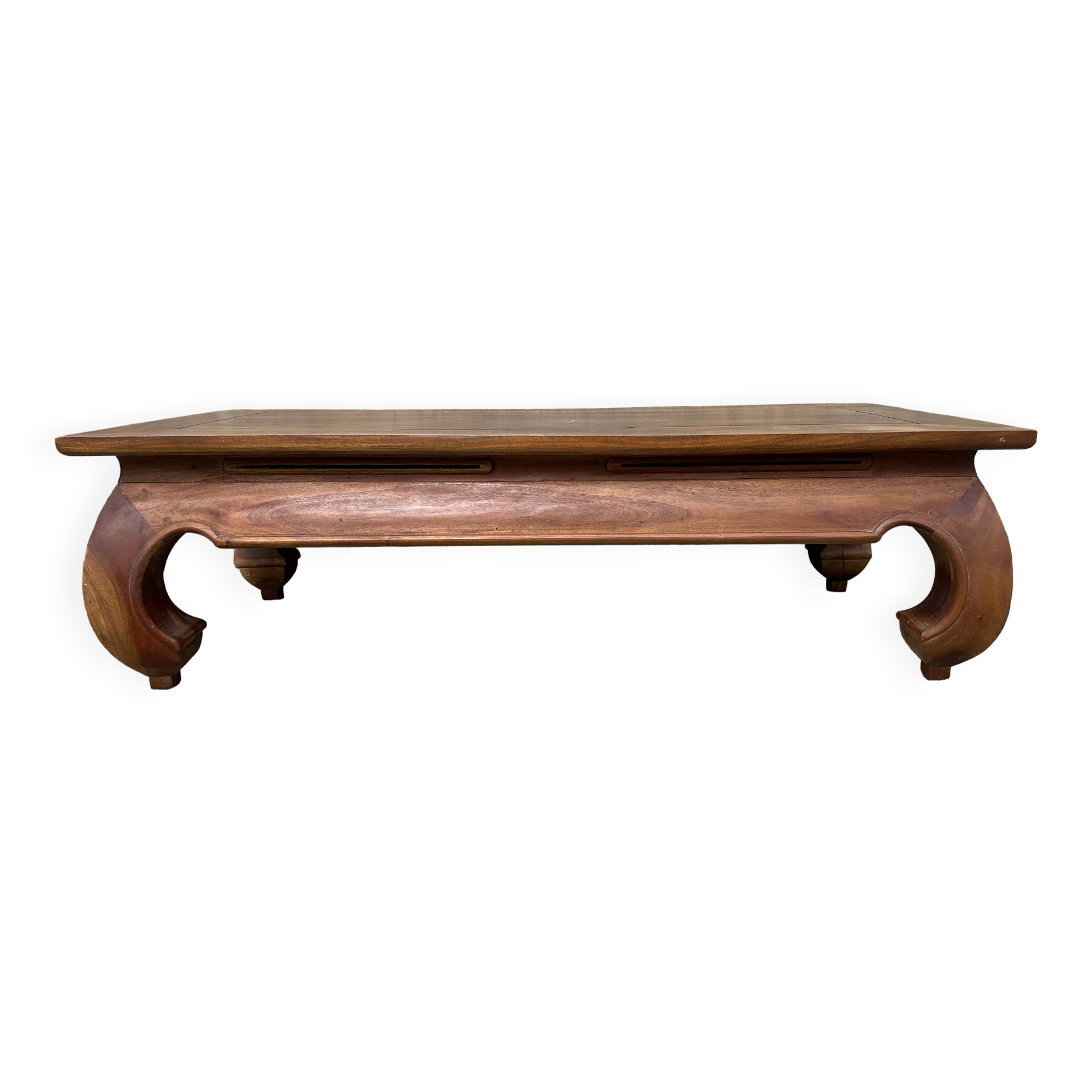 Large solid teak opium coffee table, elephant legs