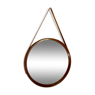 Vintage round mirror in leather and teak, 1960