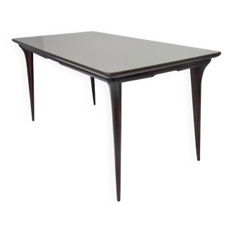 Table à manger rectangulaire en hêtre noirci avec plateau en verre taupe, Italie