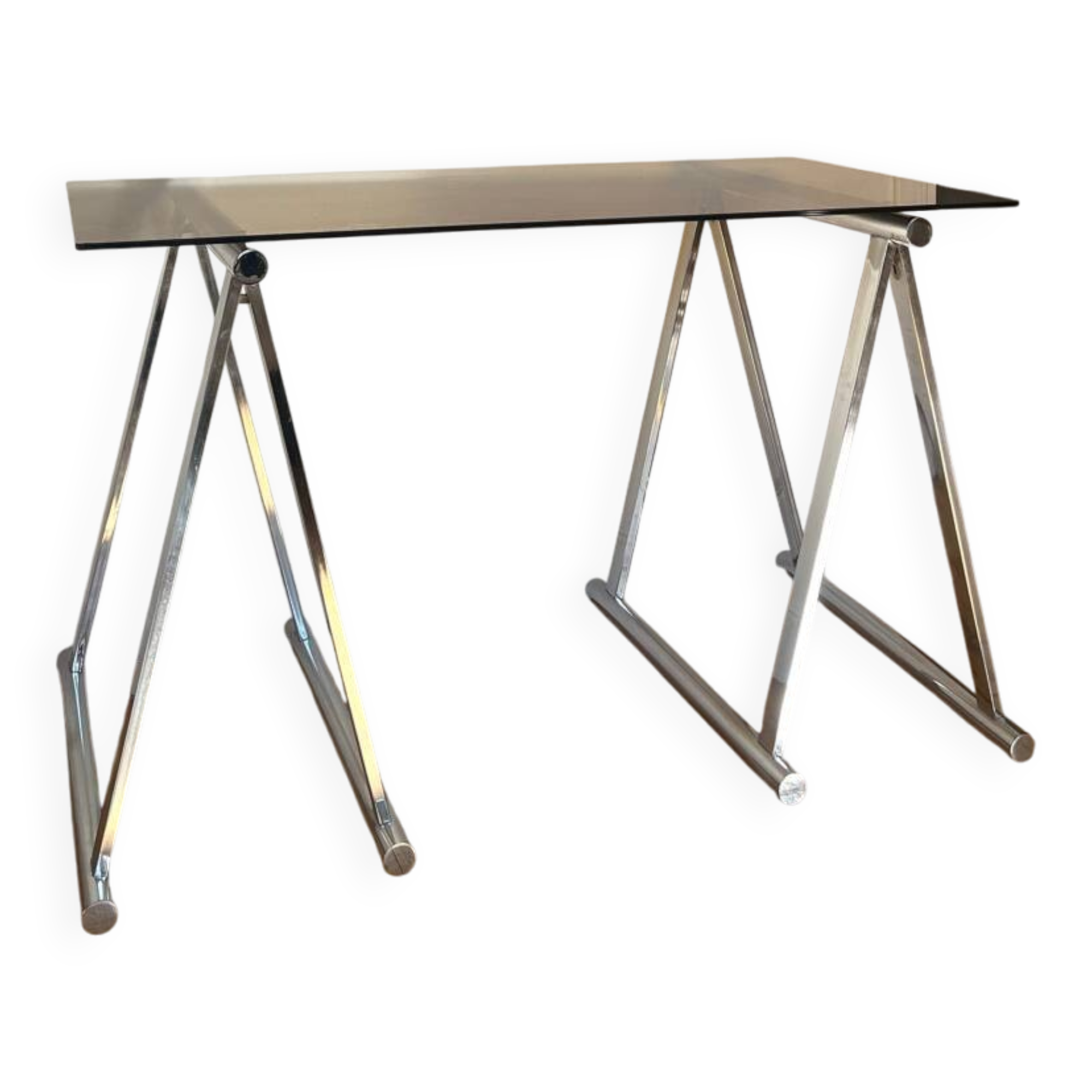 Smoked glass and chrome metal desk by Milo Baughman for Rochebobois