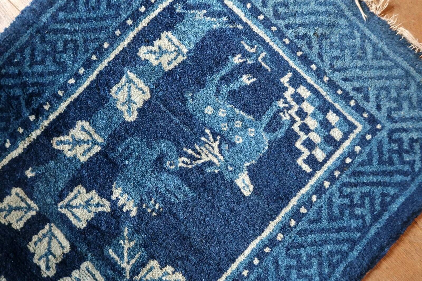 1900s Chinese PaoTao wool rug with deer, blue & ivory, 67 × 131 cm - 1C1306