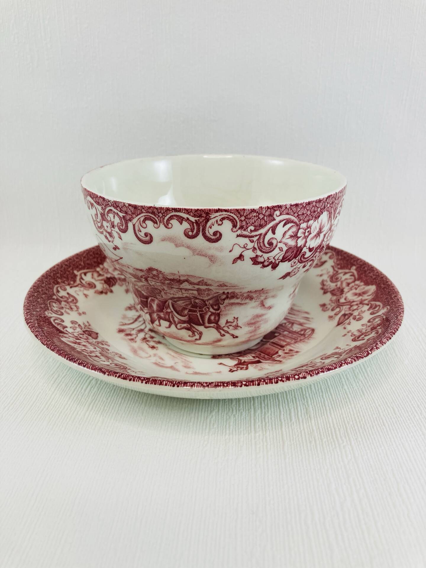 Breakfast Cup and Saucer Coaching Scenes Red by Johnson Bros