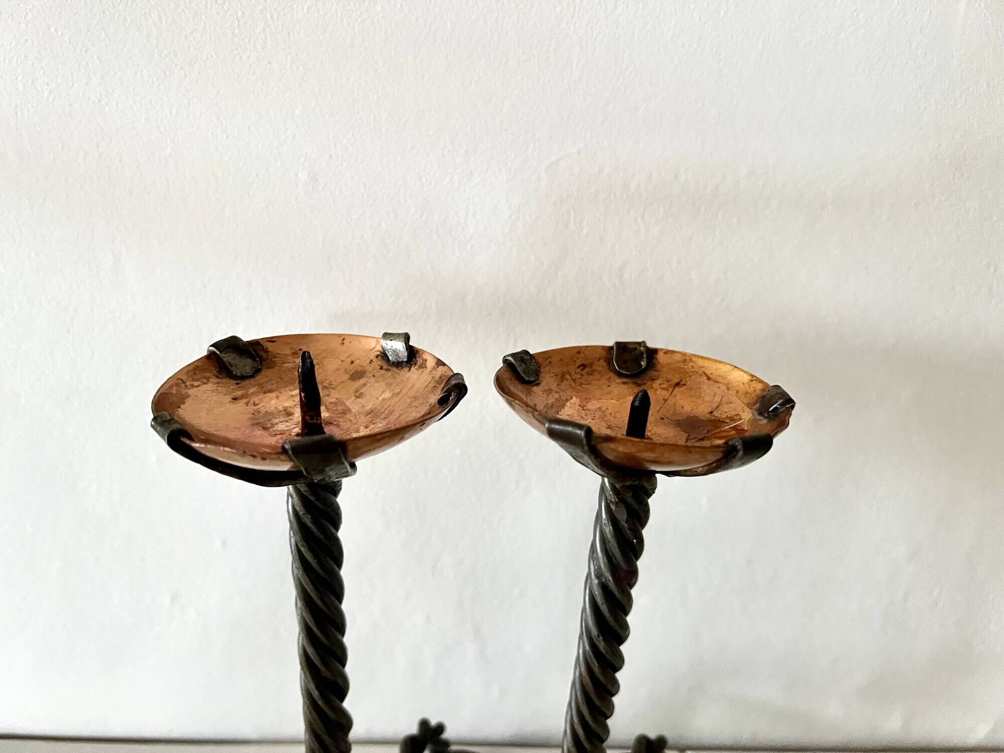 Pair of Arts & Crafts vintage antique candlesticks in wrought iron & copper