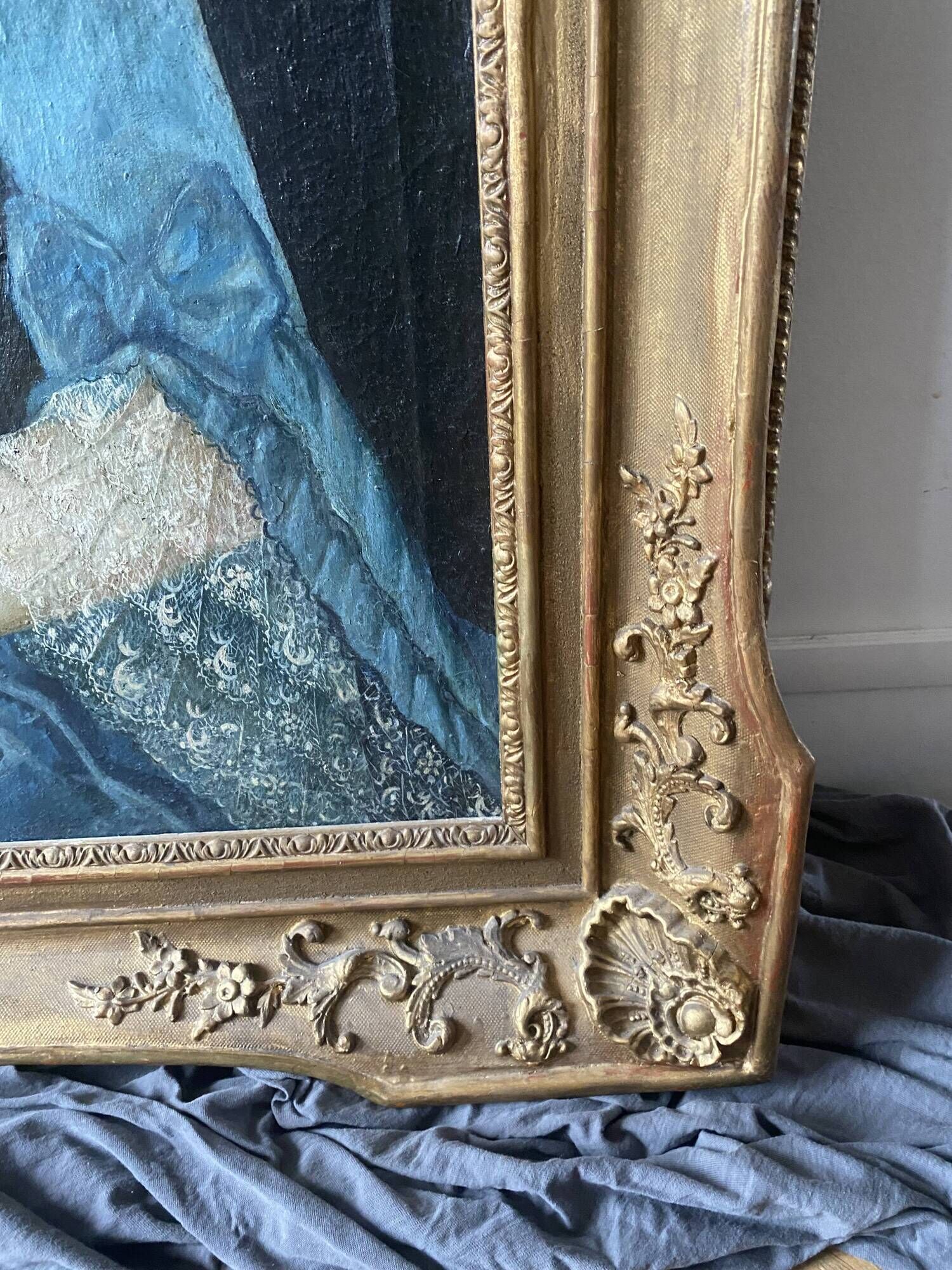 Louis XV table oil on canvas frame with gold leaf.