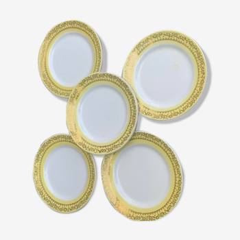 5 porcelain plates with yellow border with vintage gold foliage