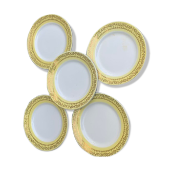 5 porcelain plates with yellow border with vintage gold foliage