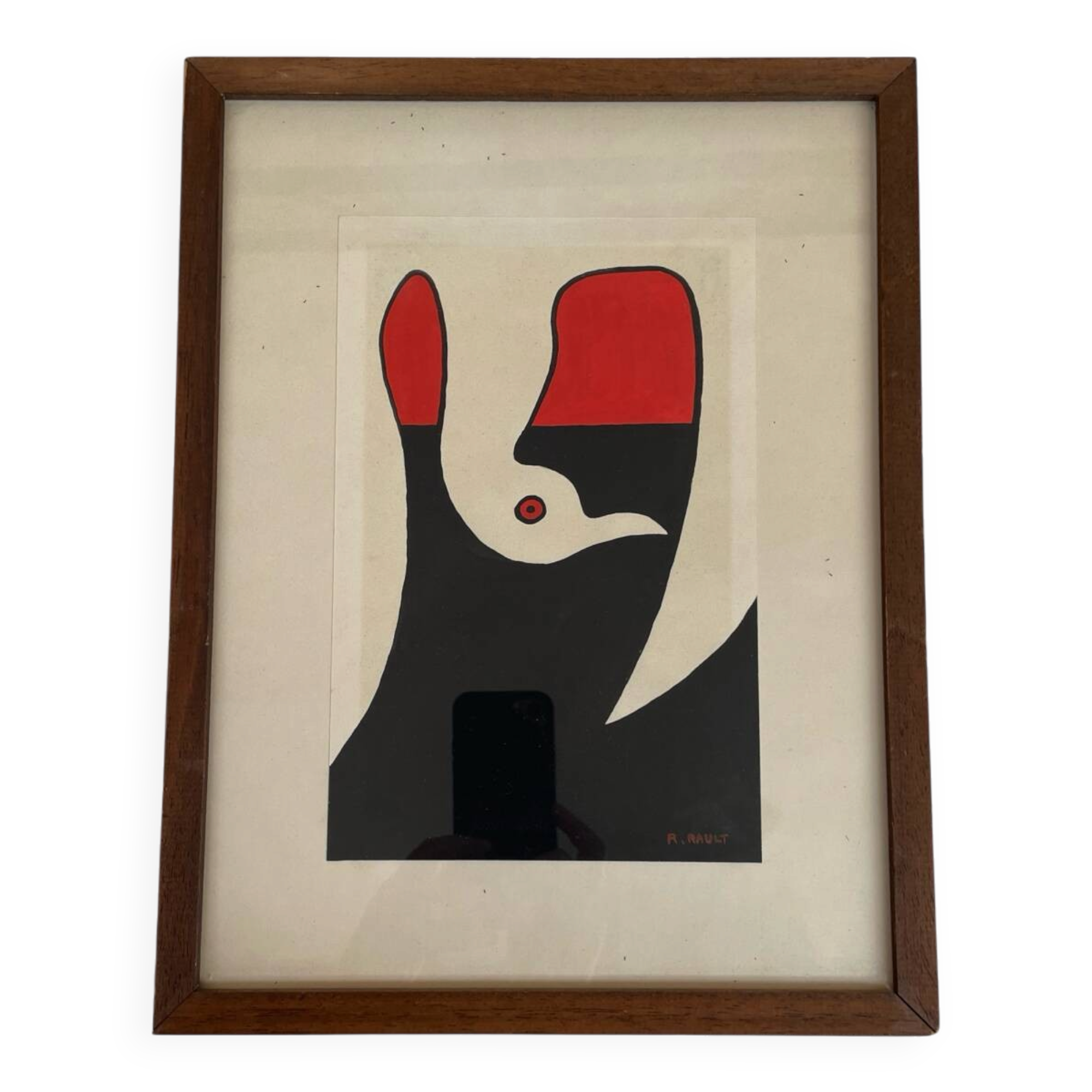 Abstract composition - gouache, signed R. Rault, vintage wooden frame
