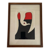 Abstract composition - gouache, signed R. Rault, vintage wooden frame