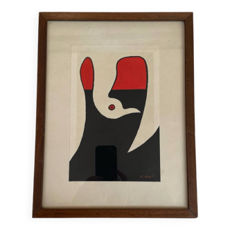 Abstract composition - gouache, signed R. Rault, vintage wooden frame