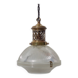 Holophane chandelier suspension prismatic glass and brass vintage design