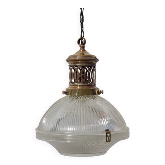 Holophane chandelier suspension prismatic glass and brass vintage design