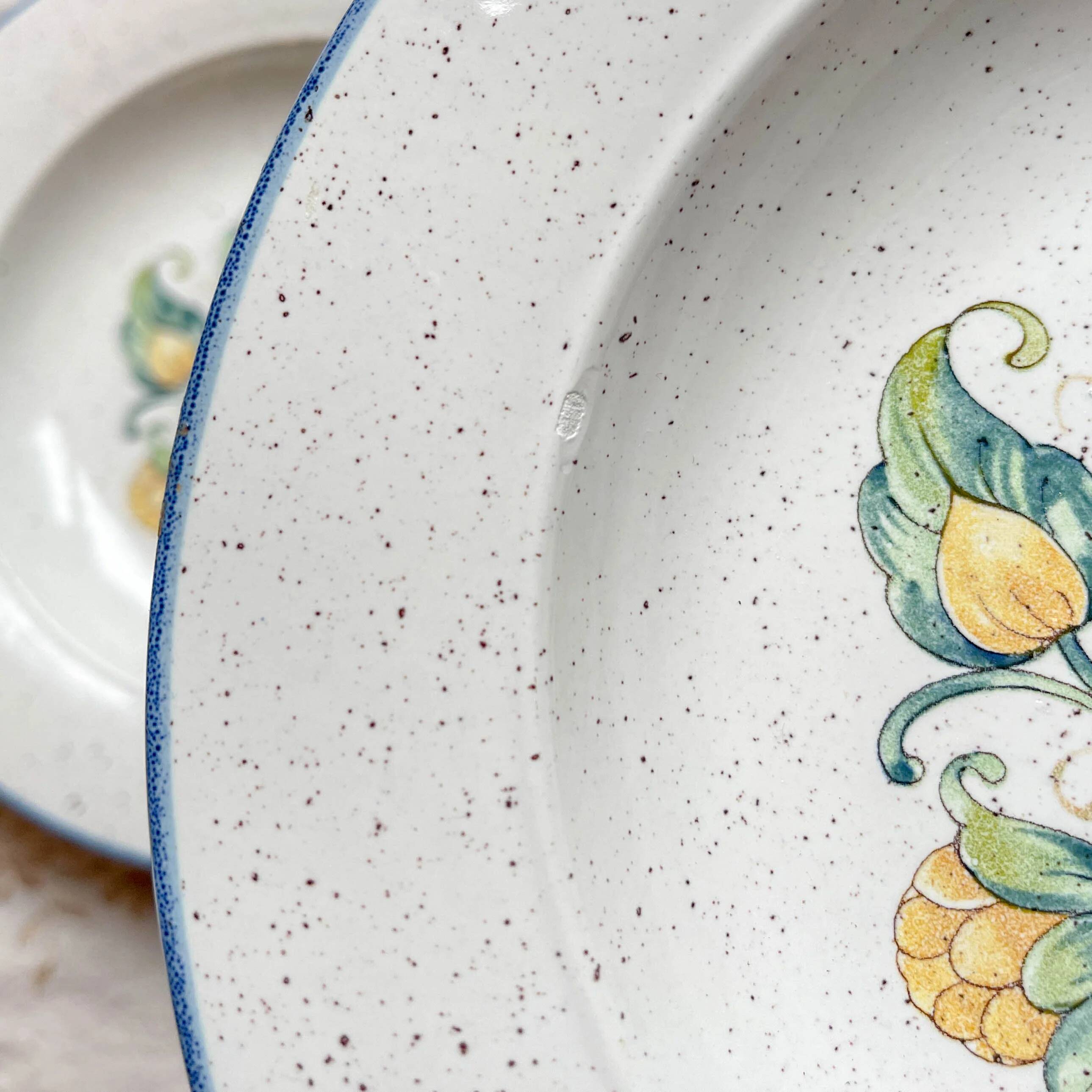 5 Italian speckled earthenware "Tiffany" soup plates - vintage bird motif