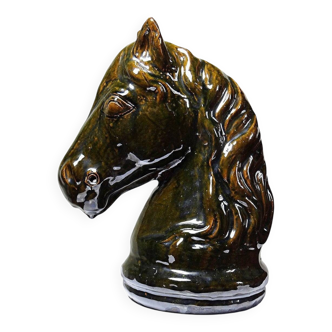 Vintage 1980s glazed terracotta horse or chess knight head