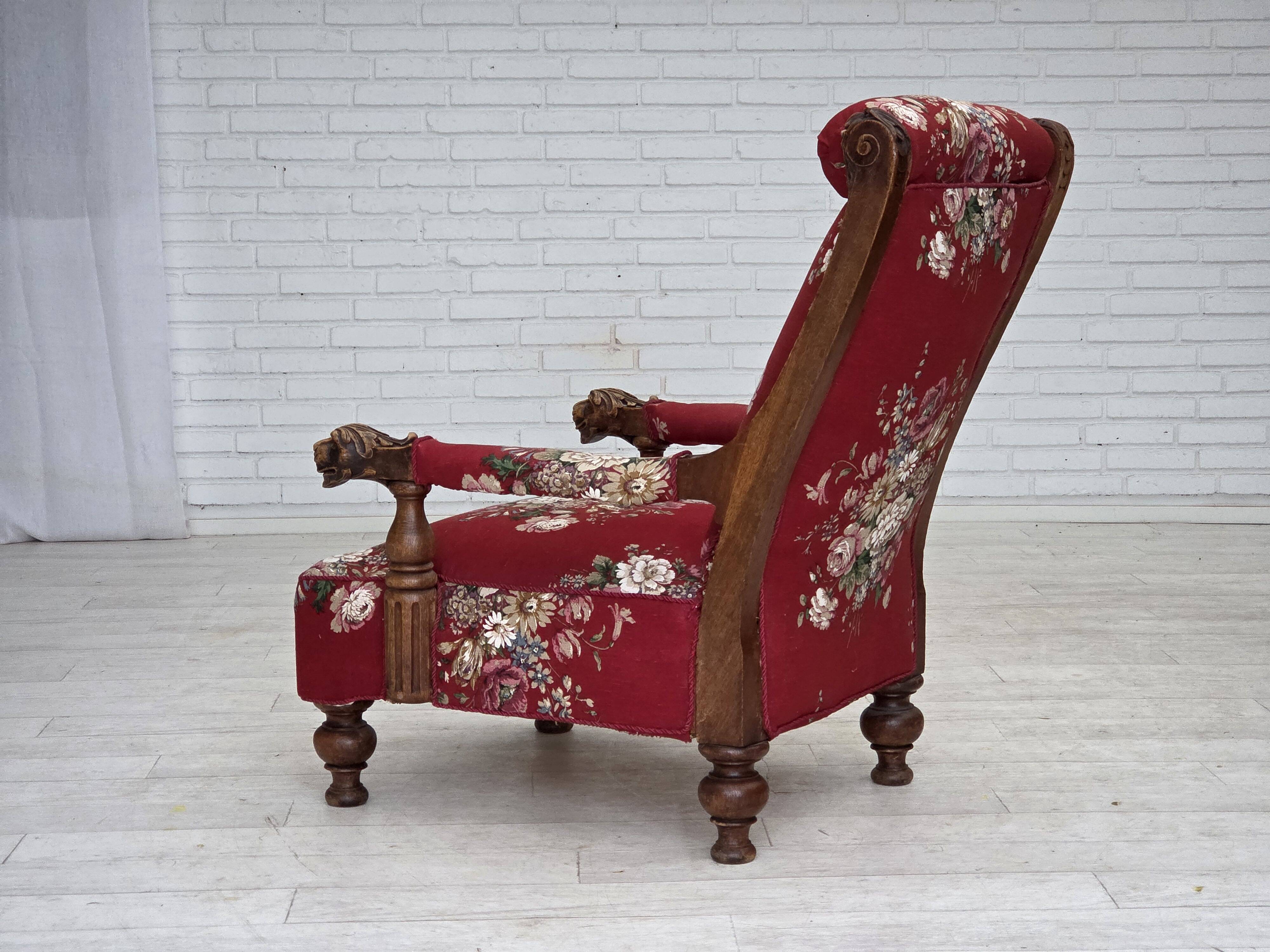 1920-30s, Danish armchair, furniture cotton fabric, hand carved oak wood.