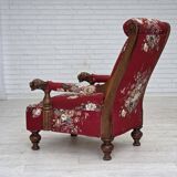 1920-30s, Danish armchair, furniture cotton fabric, hand carved oak wood.