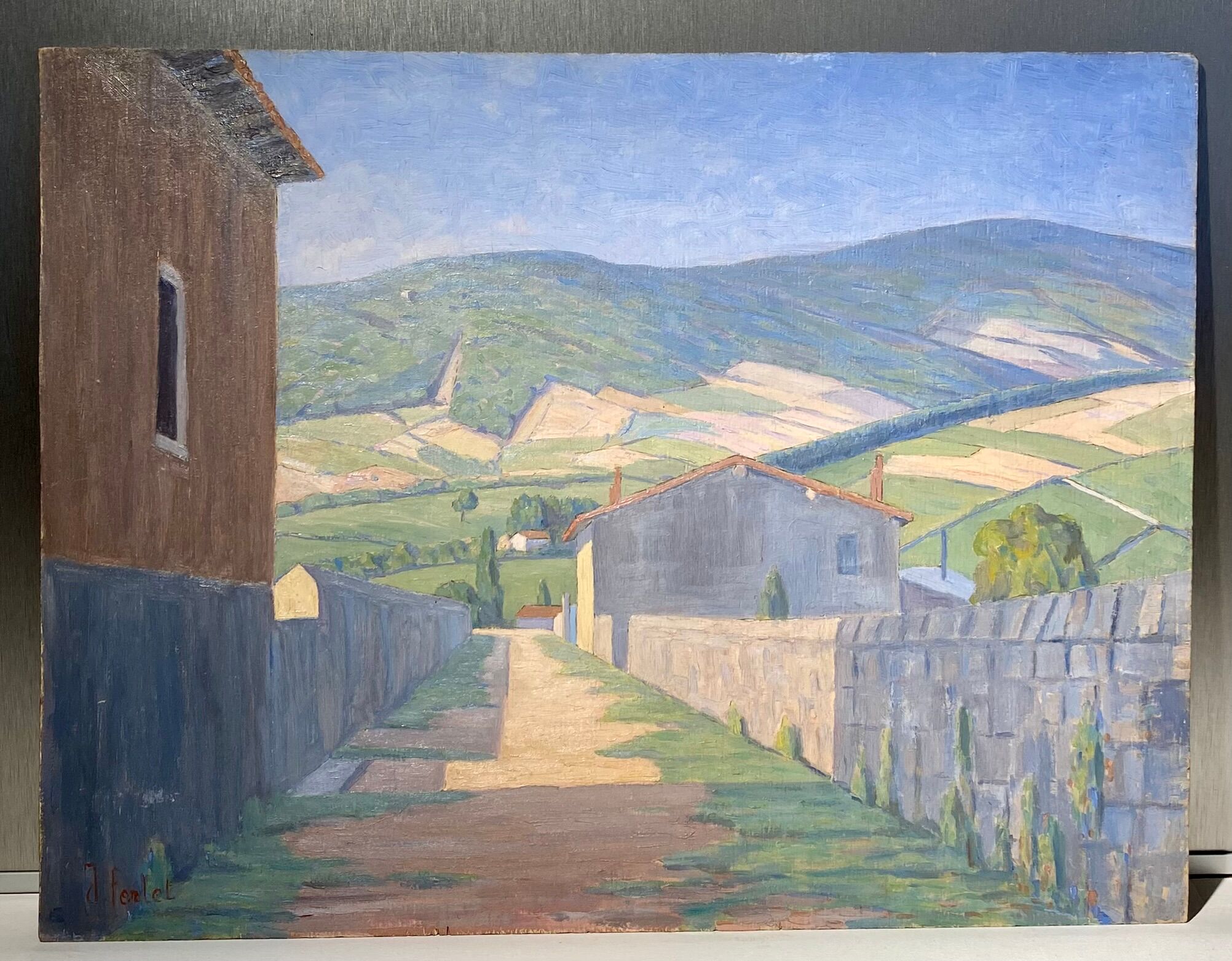 Old painting, landscape Monts du Lyonnais, signed, mid-twentieth century