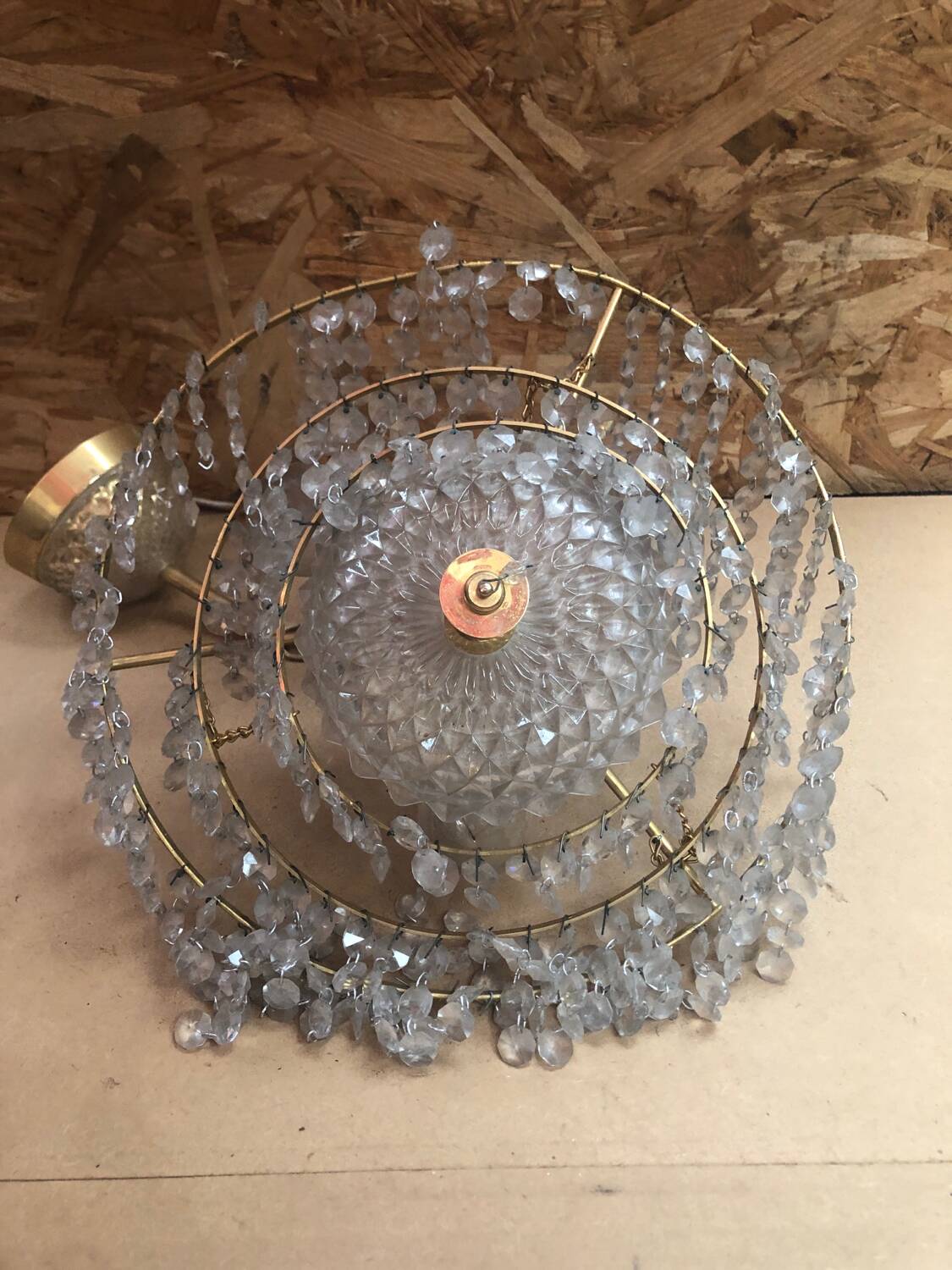 Ancien Lustre Laiton Cascade Pampilles Vintage