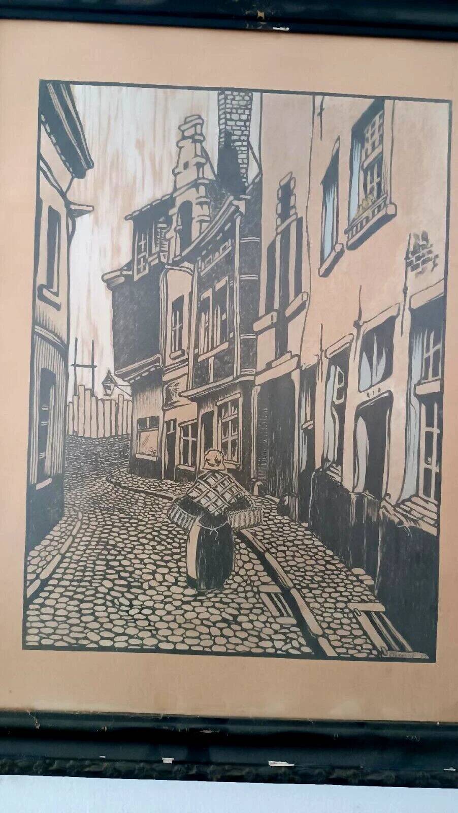 Gravure flamande peinte à la main signée R.VERHULST 1943