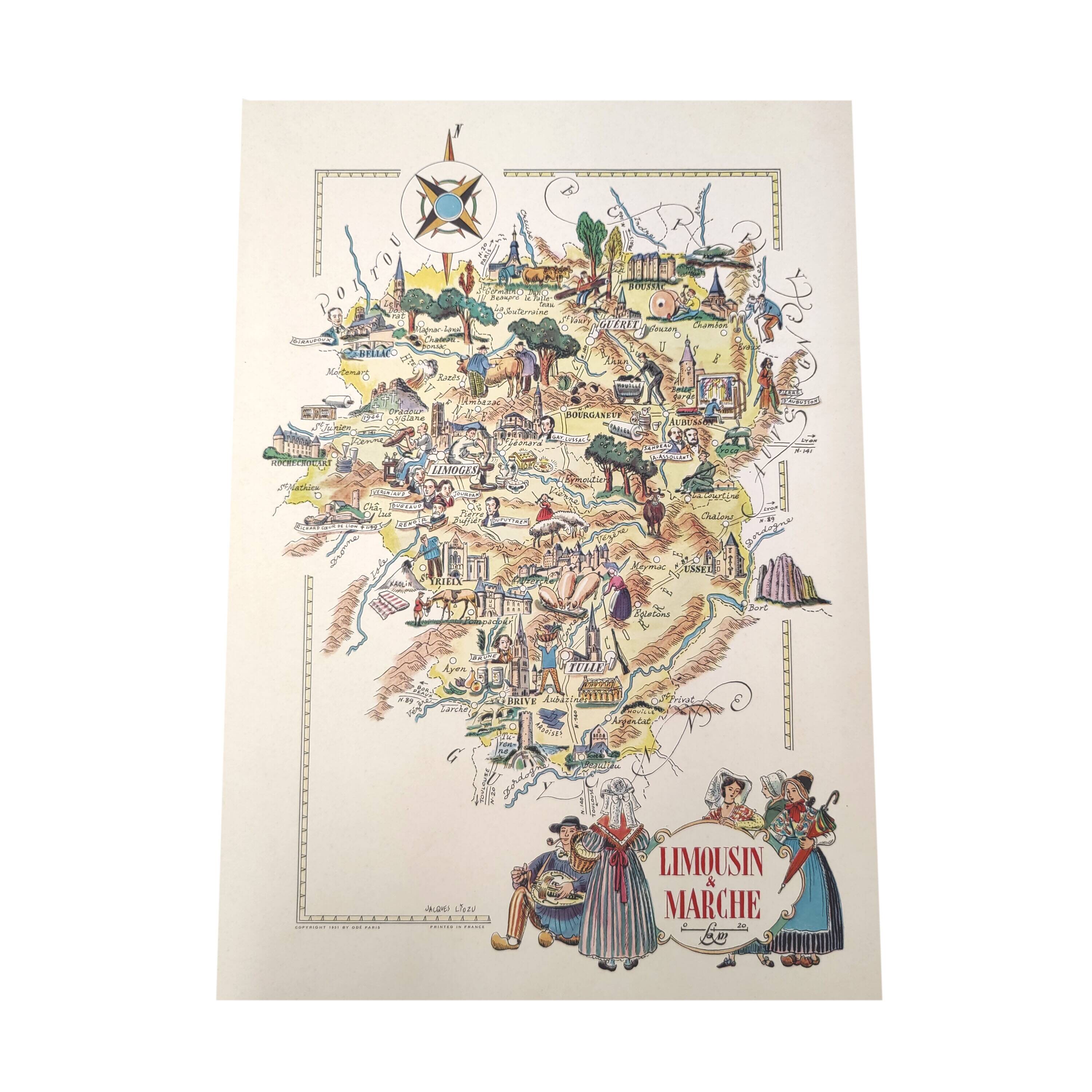 Old Limousin map illustrated Jacques Liozu 1951