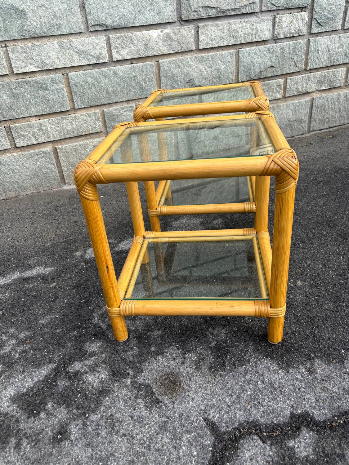 Pair of rattan and glass side tables – 1970s vintage style