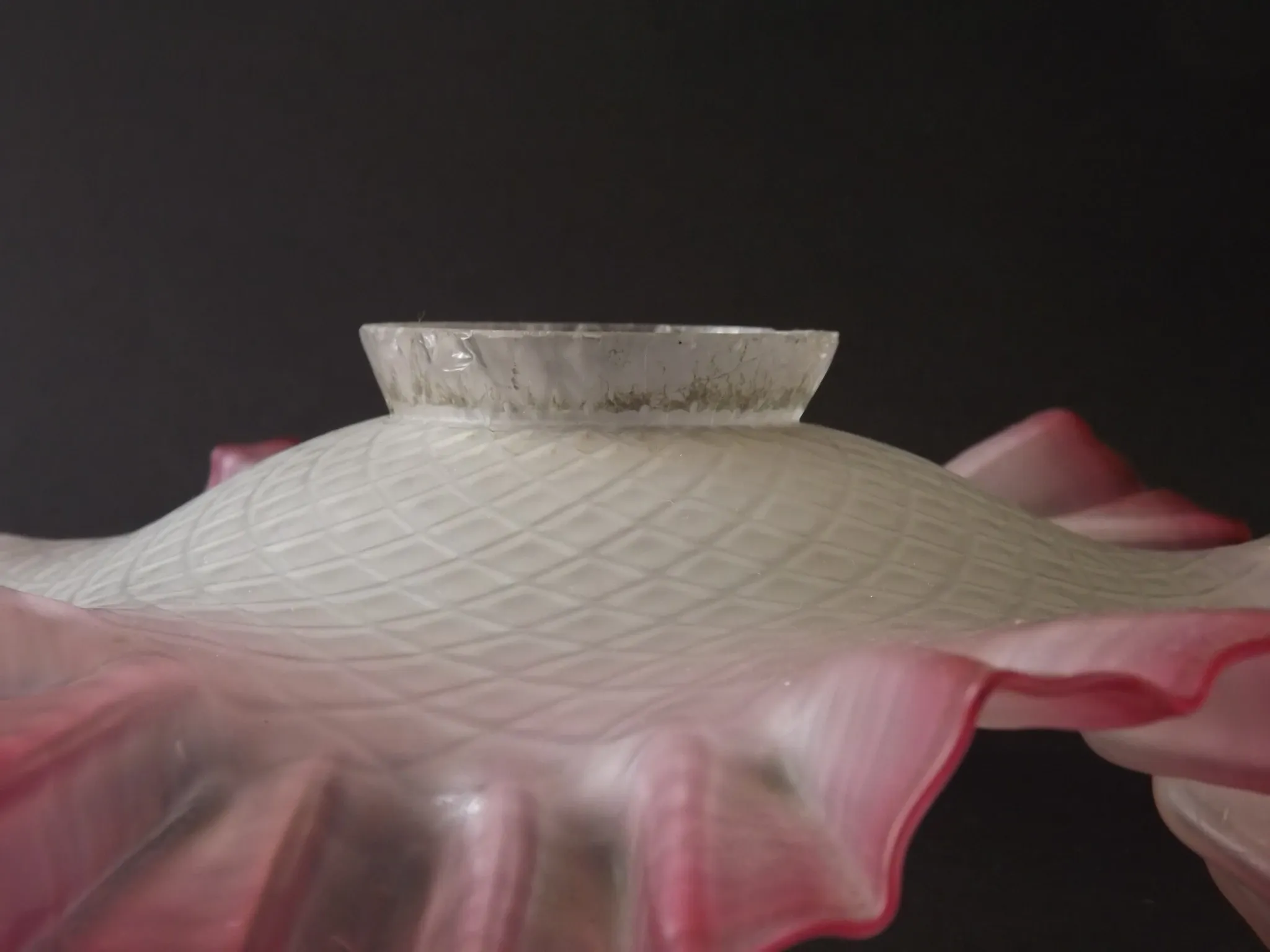 French Vintage 1930s Patterned Pink And White Frilled Glass Shade