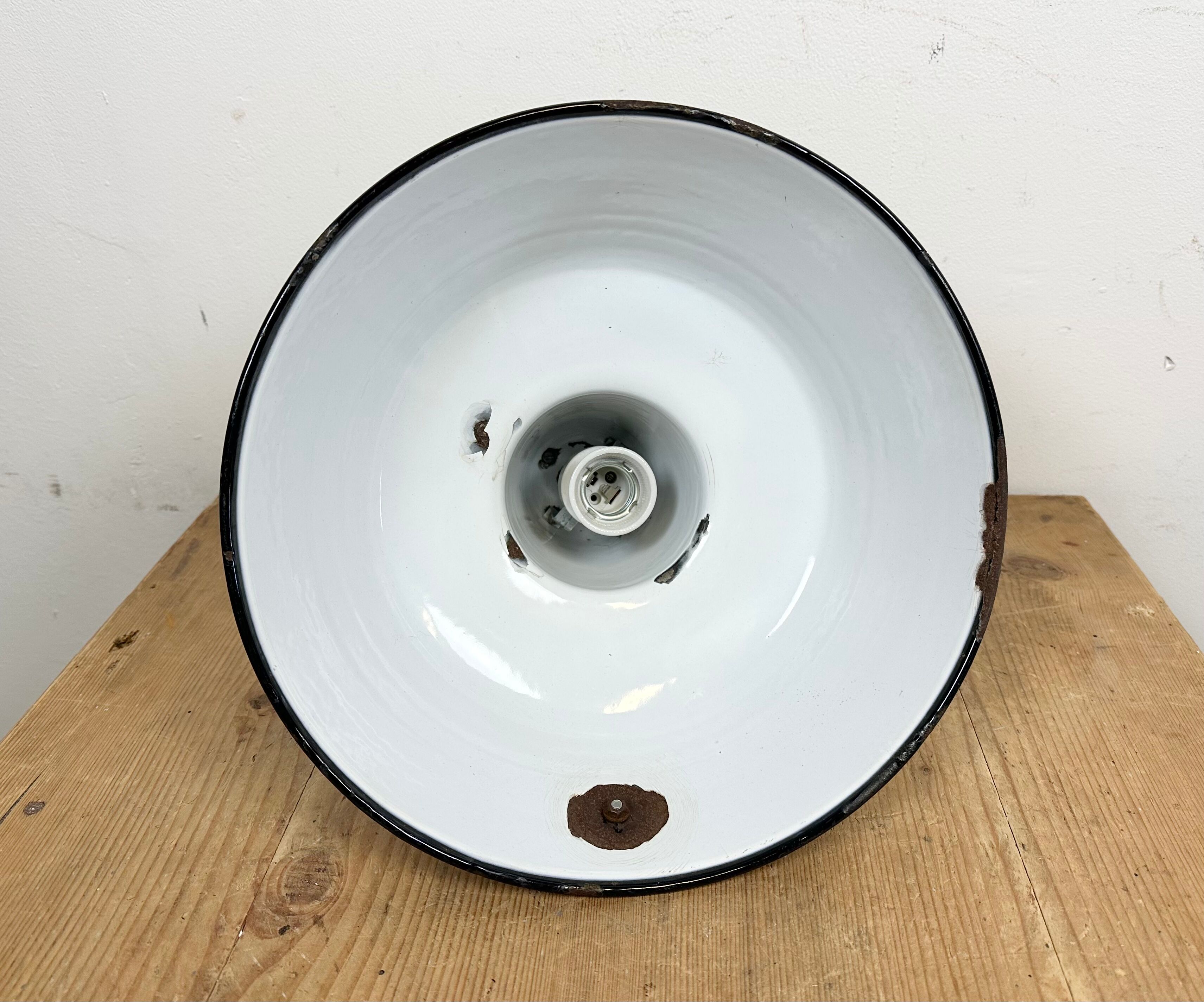 Industrial Black Enamel Factory Lamp with Cast Iron Top, 1960s