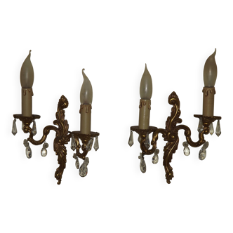 Pair of French Vintage Double Acanthus Leaf Bronze & Crystal Wall Lights 51