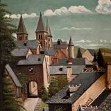 Huile sur panneau représentant un village en 1961