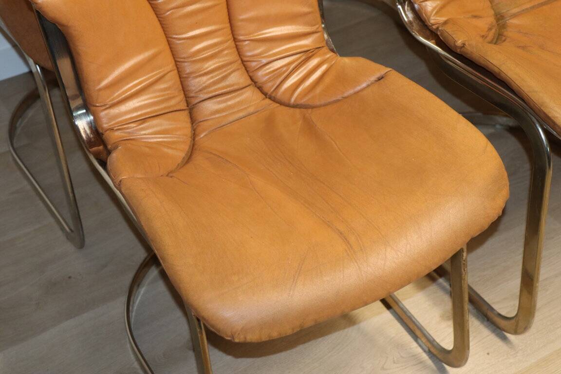 Series of 6 vintage Cidue Italy chairs in leather and metal, 1970s