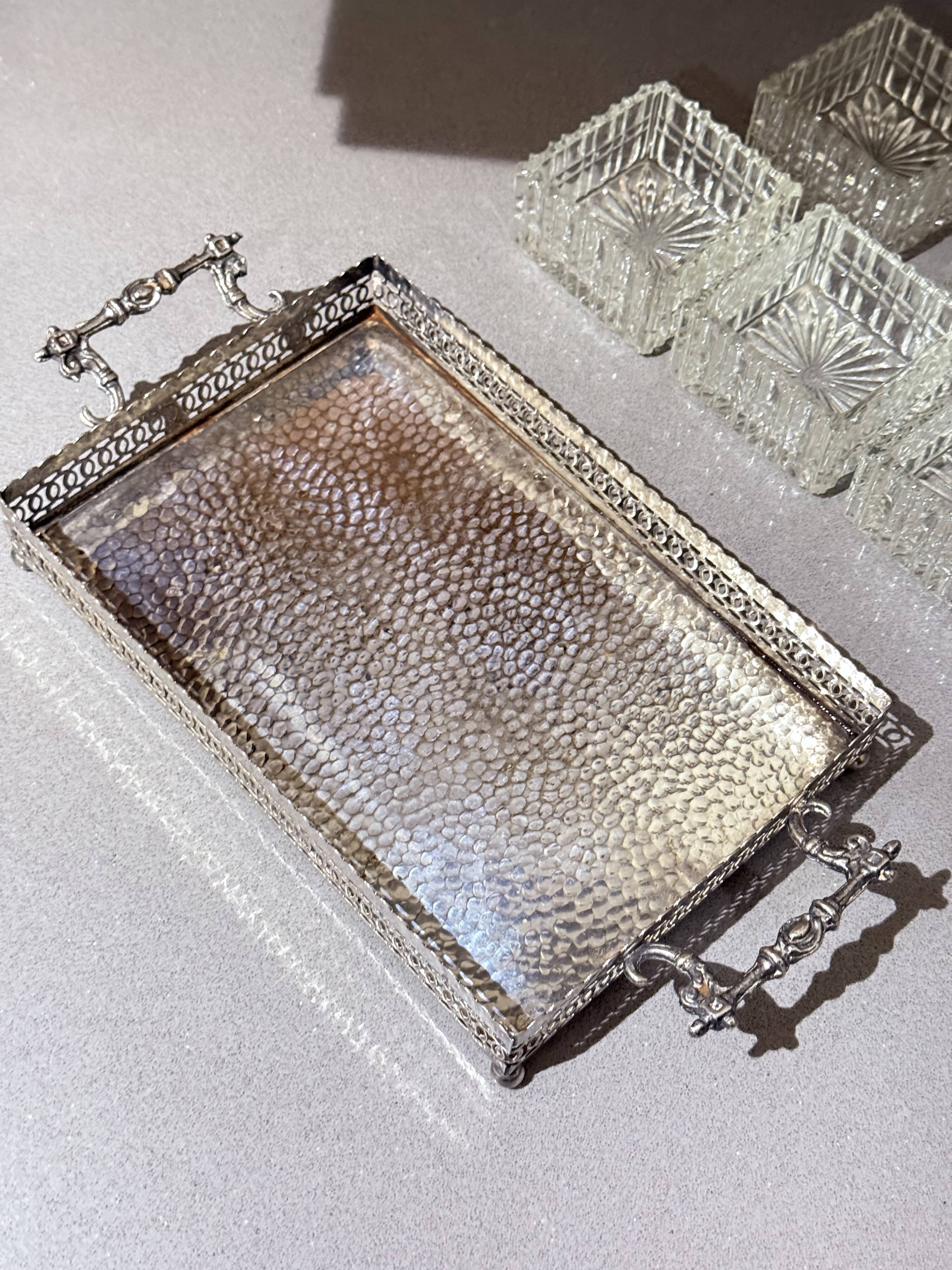 Silver-Plated Tray with Six Cut Glass Dishes, Vintage Entertaining Set
