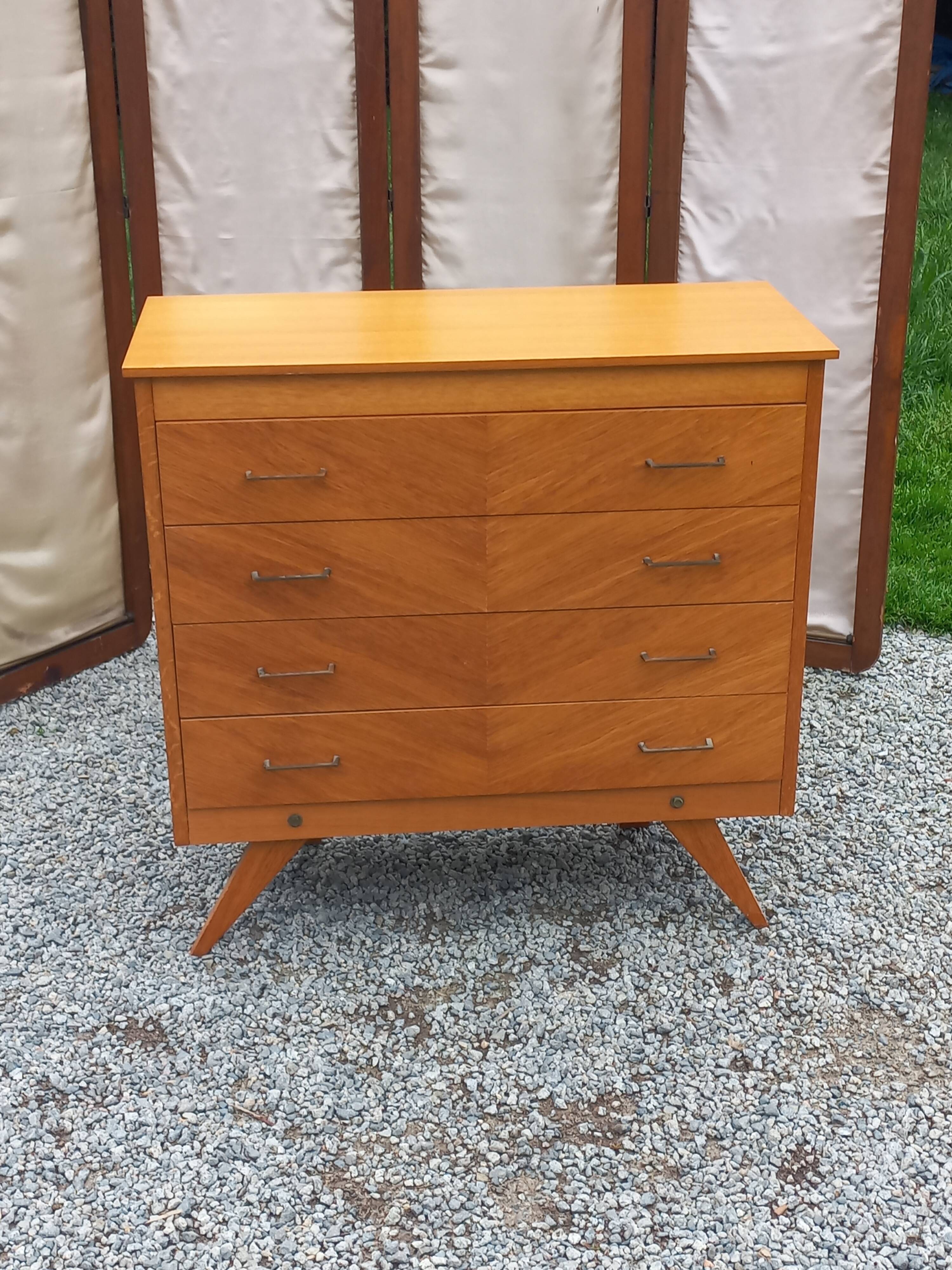 Vintage chest of drawers in blond and golden oak, compass legs and 4 drawers, 1950s