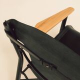 Maërl armchair, Galathée model, black leather, solid wood armrests of your choice