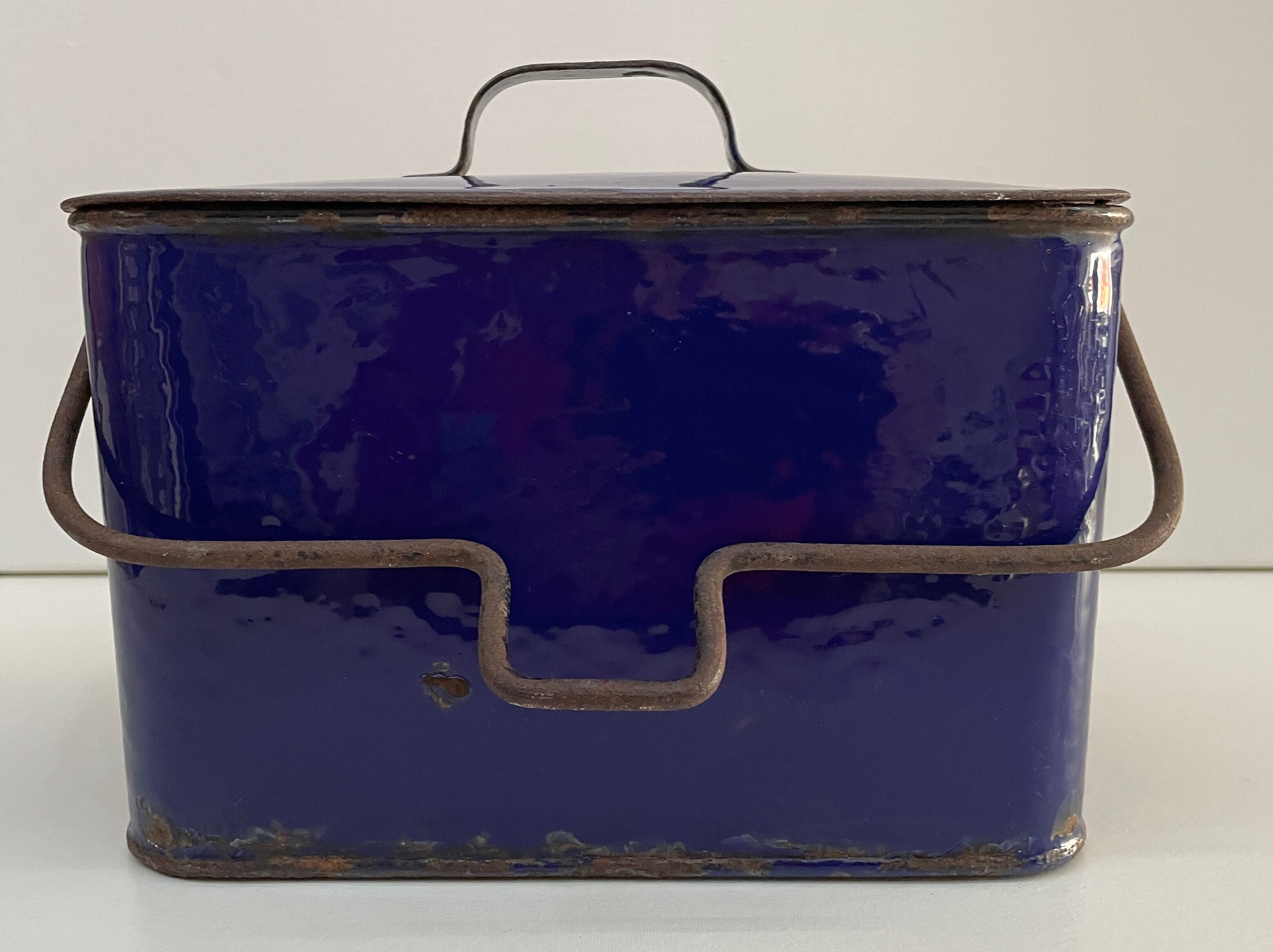 Old blue enamelled metal box
