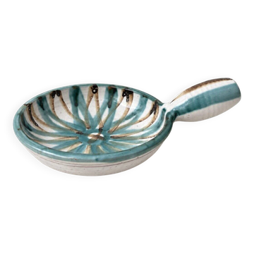 Ceramic pan by R. Picault with stylised flower decoration.