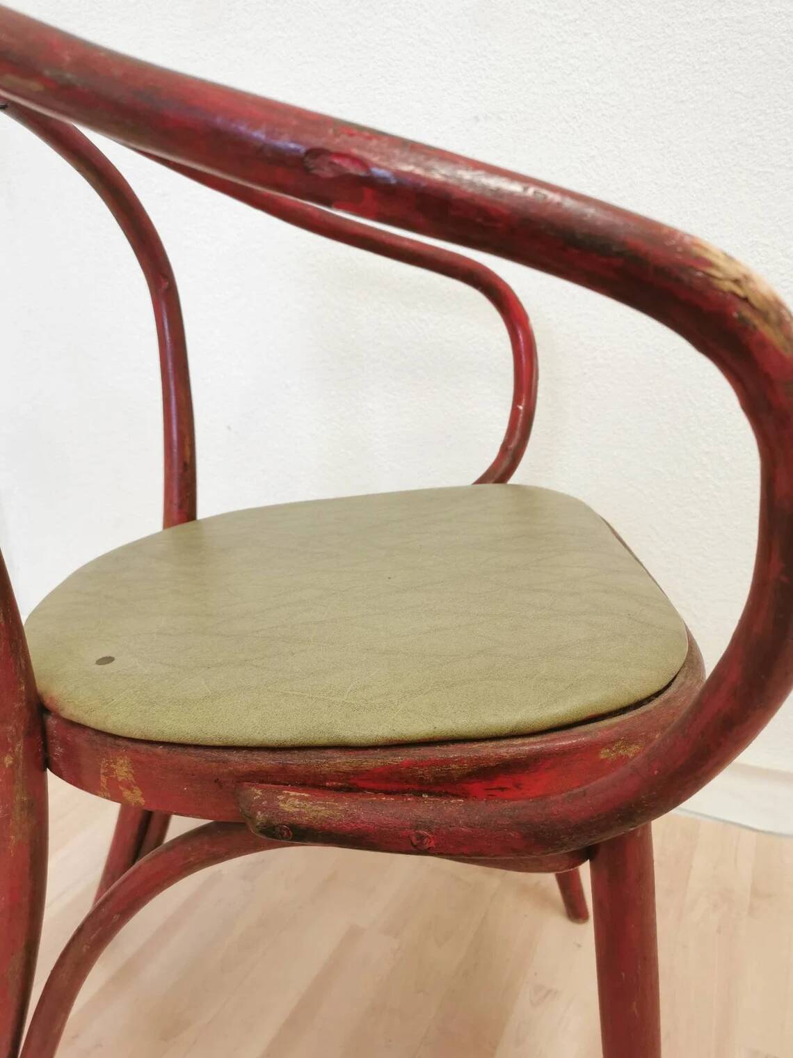 Vintage Bentwood Dining Chair: Red Thonet B9 Style, Leather Seat
