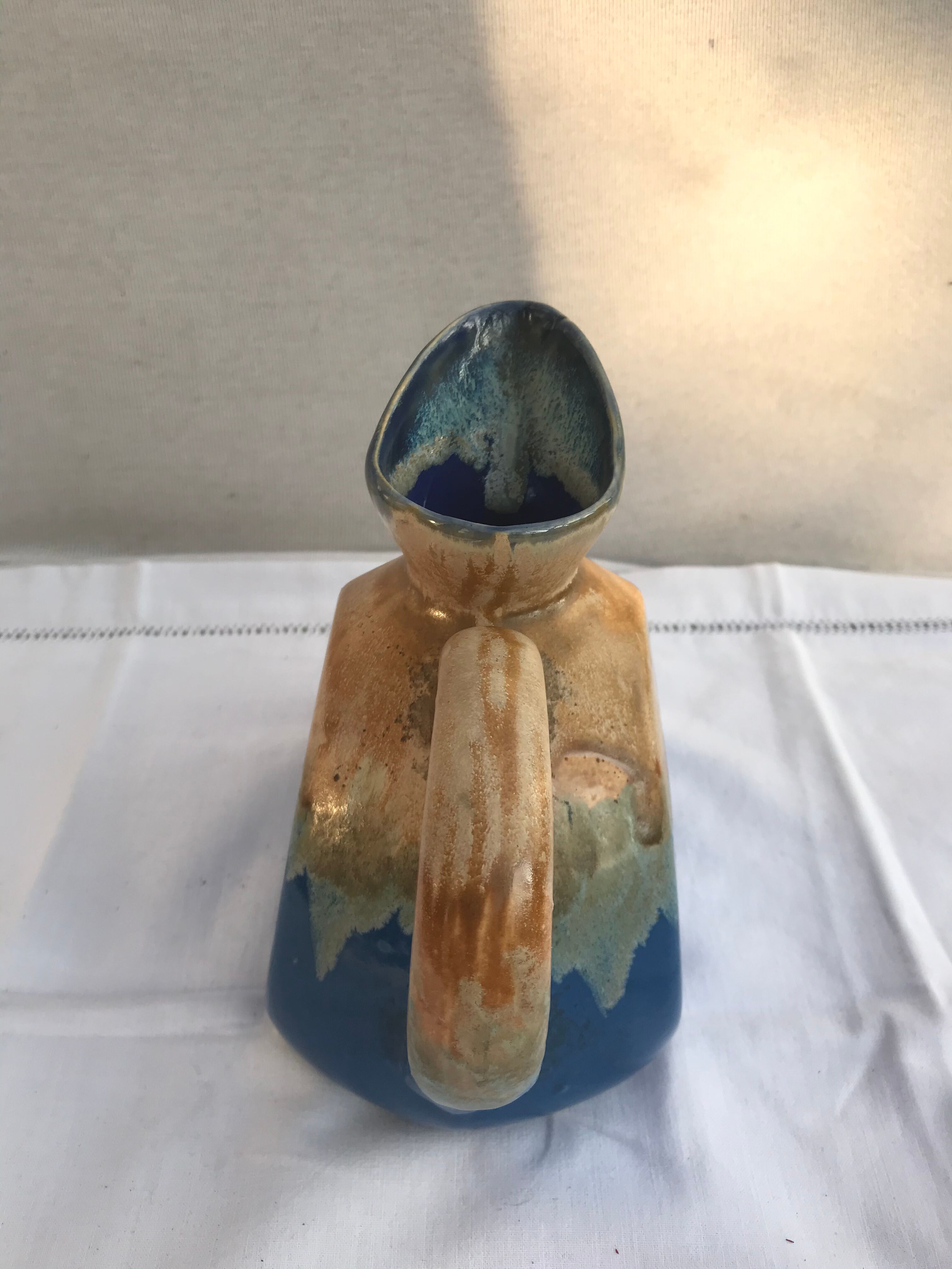 Former Art Deco Pitcher ALPHO Ceramics Enamelled Blue Beige Vintage Kitchen