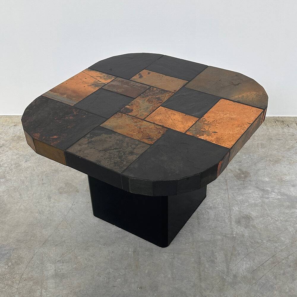 Vintage mosaic slate coffee table, stone tile coffee table, brutalist cocktail table