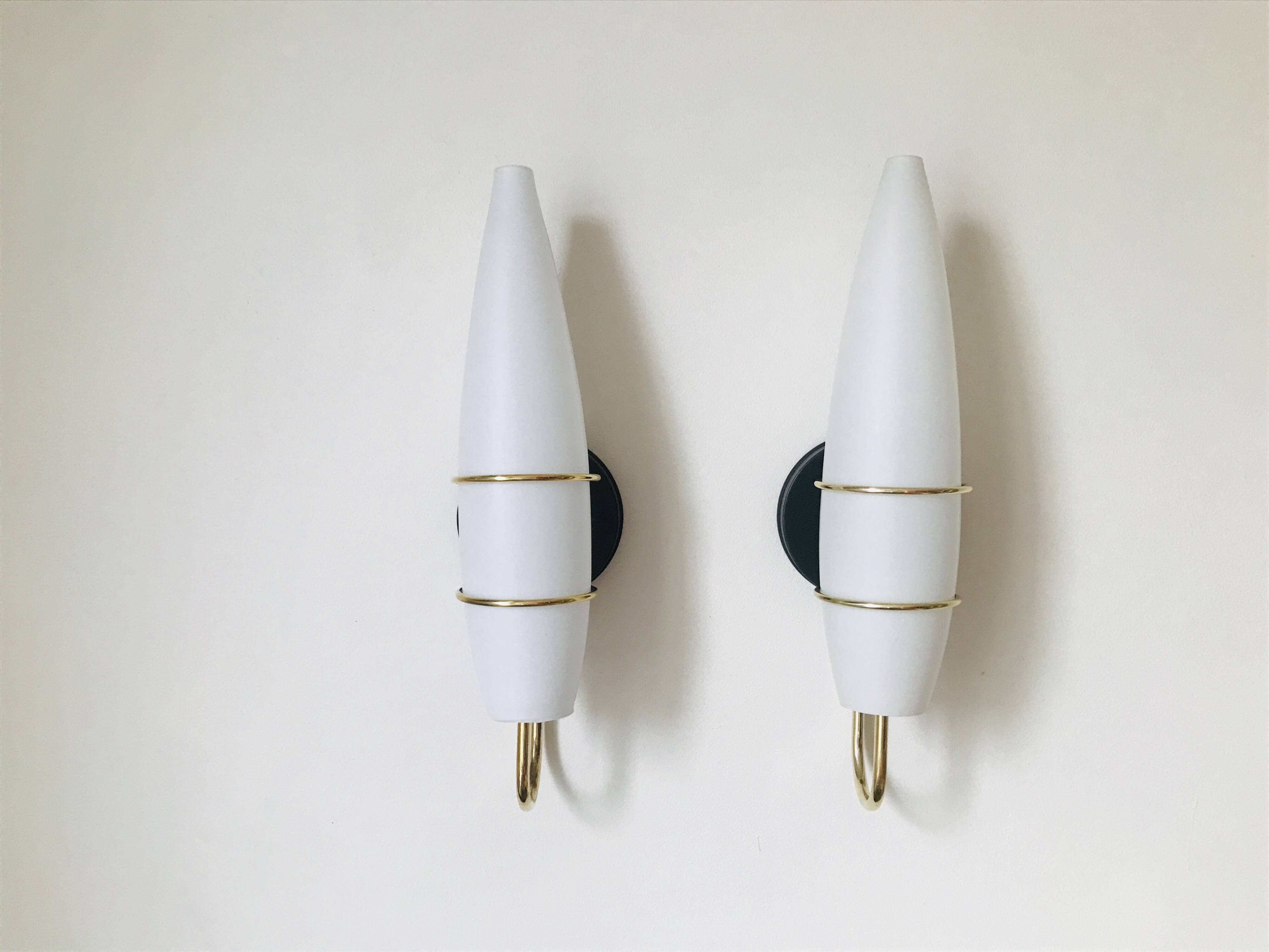 Pair of modernist wall lights in opaline brass white flame 1960 vintage minimalist
