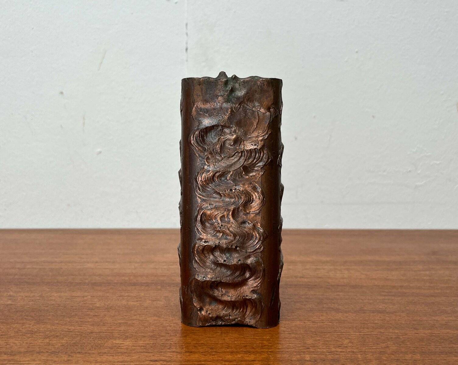 Brutalist metal block vase from the mid-century, 1960s.