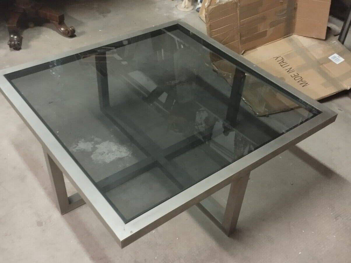Table in satin aluminum and black glass, 70s design