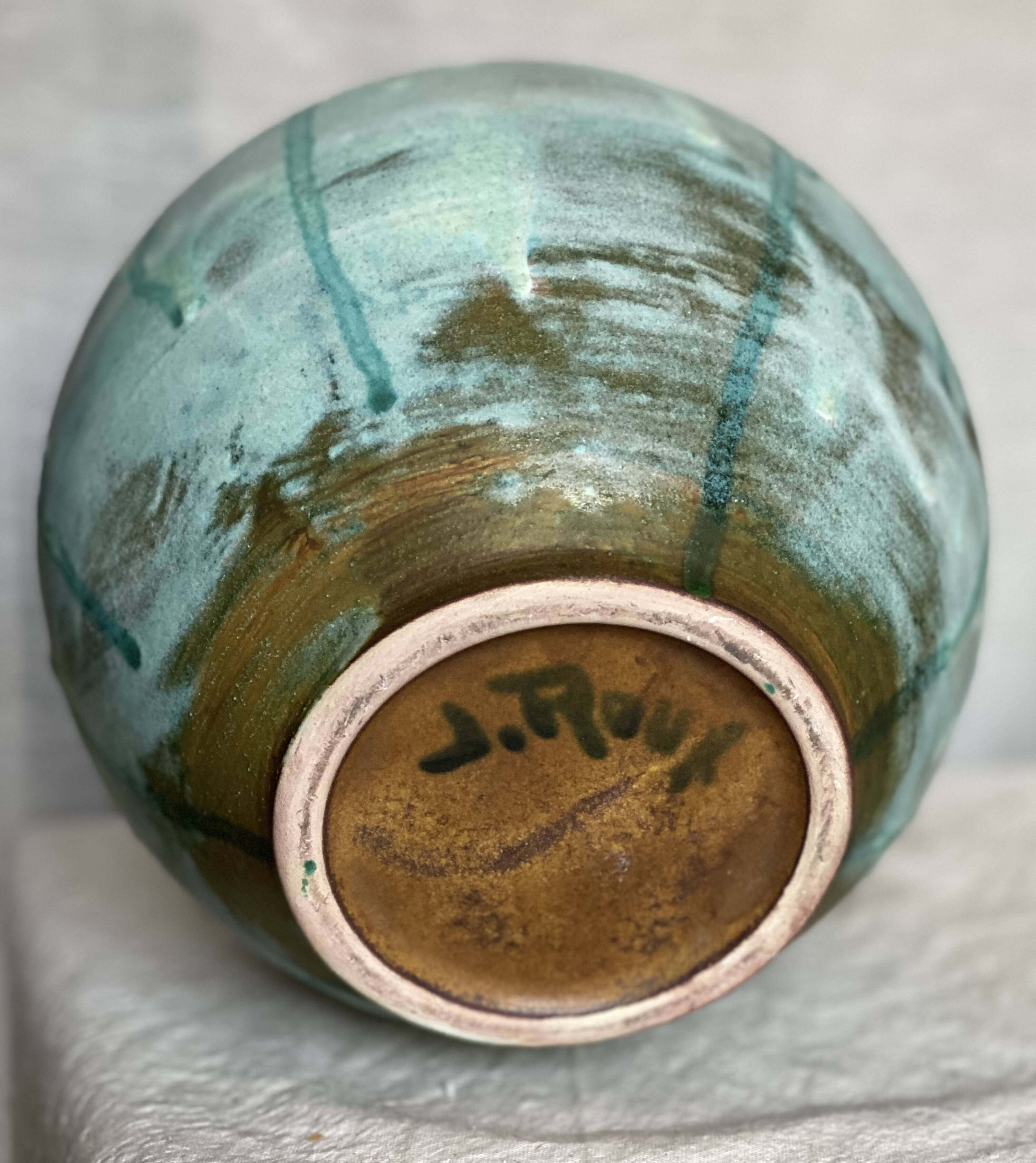 Vintage 1970s blue enameled stoneware ball pot with lid, signed Vallauris style