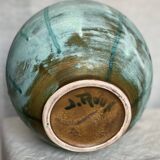 Pot boule à couvercle grés émaillé bleu vintage 1970 signé style Vallauris