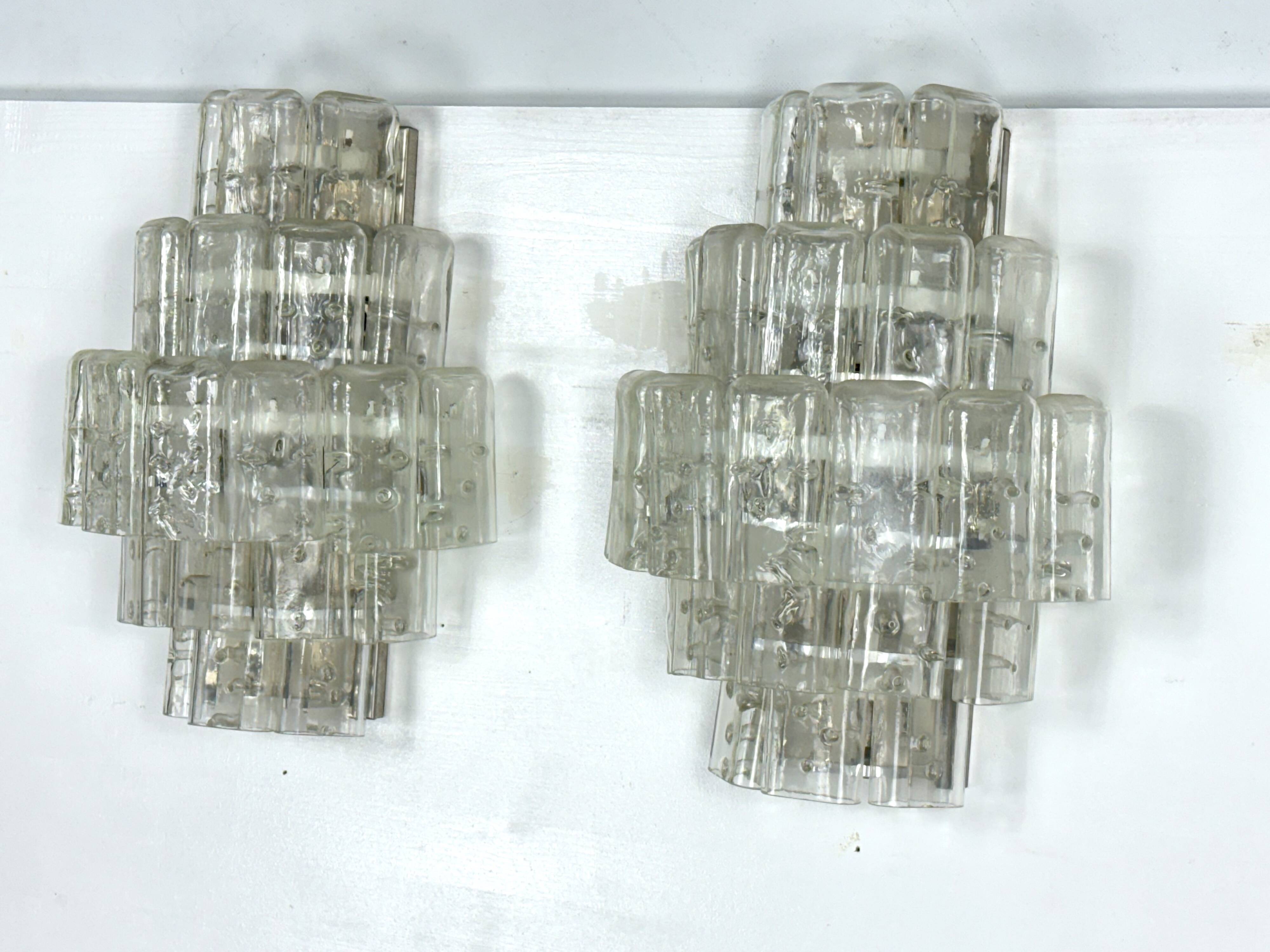 Pair of XL clear murano glass elements wall lamps produced in Italy during the 70s. Attributable to