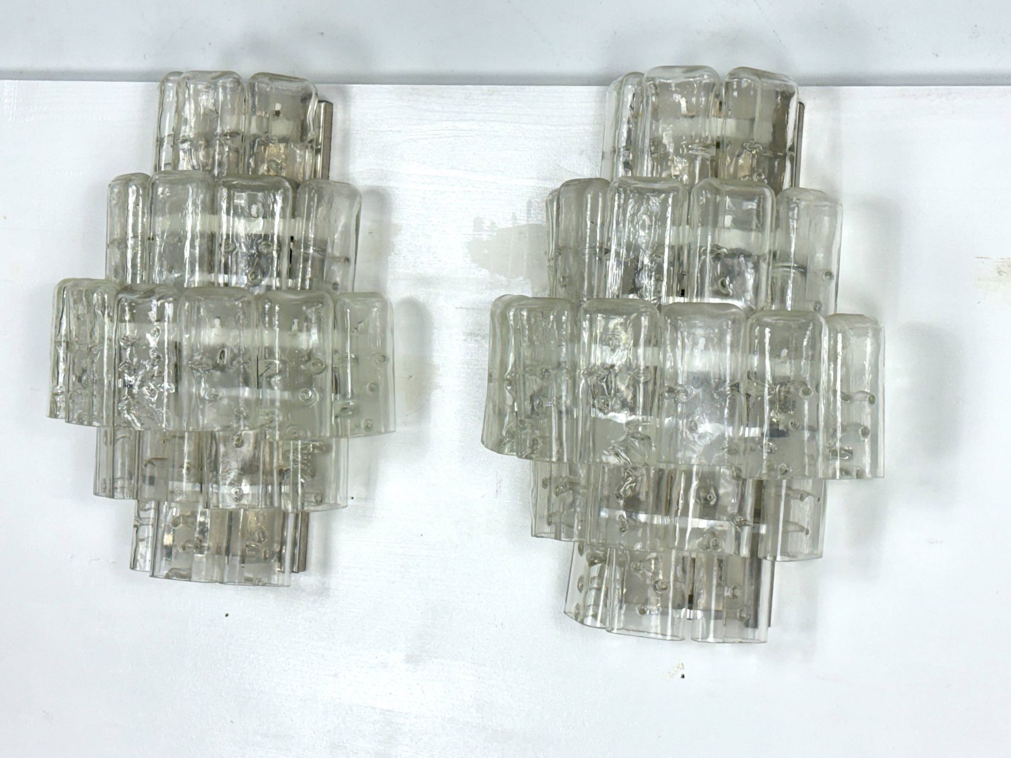 Pair of XL clear murano glass elements wall lamps produced in Italy during the 70s. Attributable to